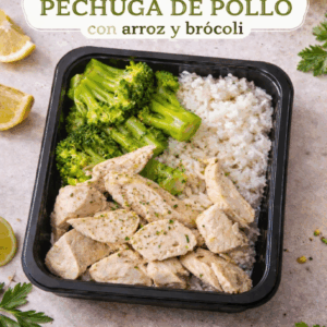 Plato cocinado con Brocoli (150g), Pechuga de pollo (100g) y Arroz (90g).